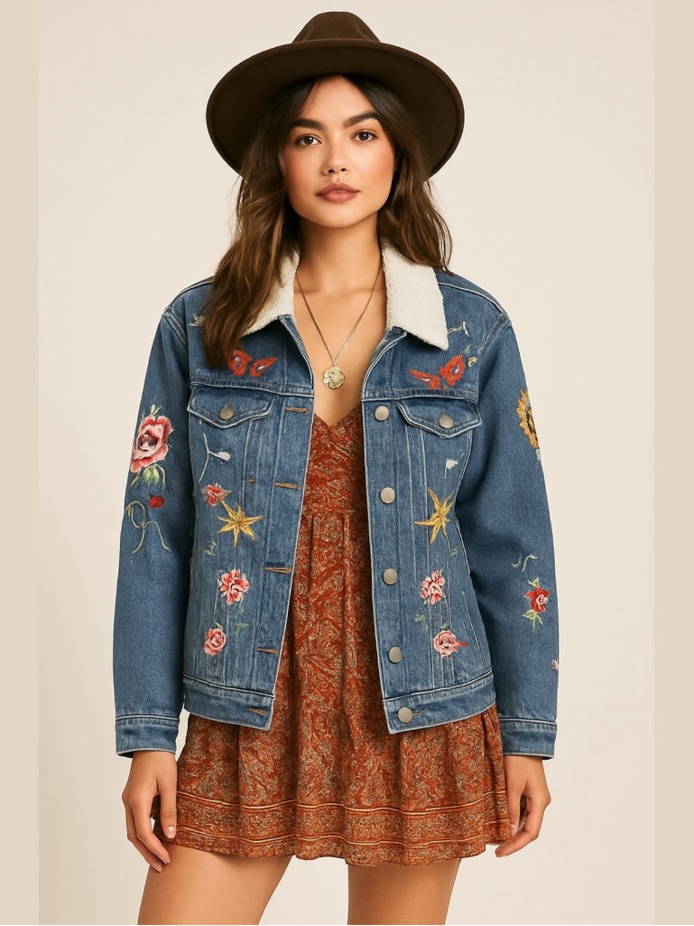 Bagatelle Womens Denim Sherpa Embroidered Jacket Size S Boho Festival Indie